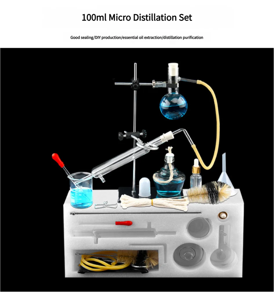 New 100ml Lab Essential Oil Distillation Apparatus Water Purifier Glassware Home Distiller 13pcs Kits