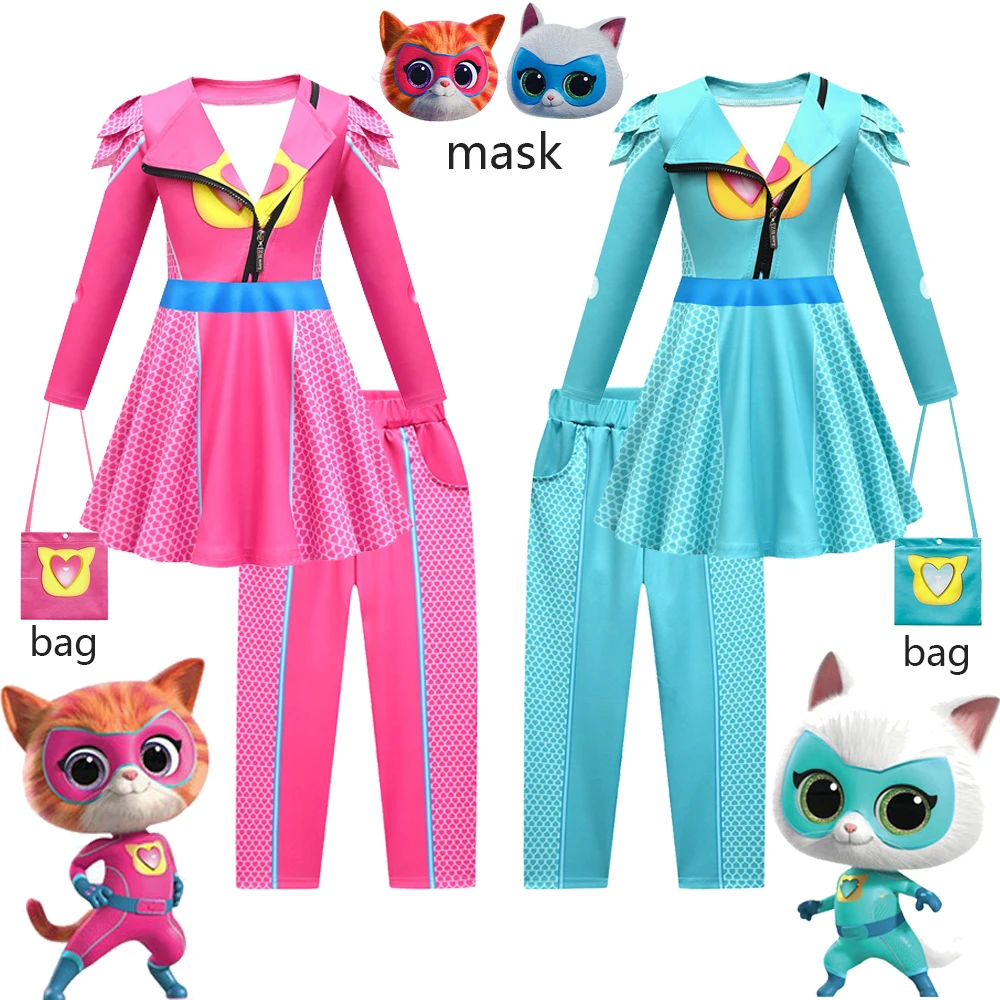 НОВЫЙ костюм для косплея SuperKitties, детская одежда супер котенок для девочек, аниме, платье + комплект маски, детский карнавальный подарок на Хэллоуин, день рождения