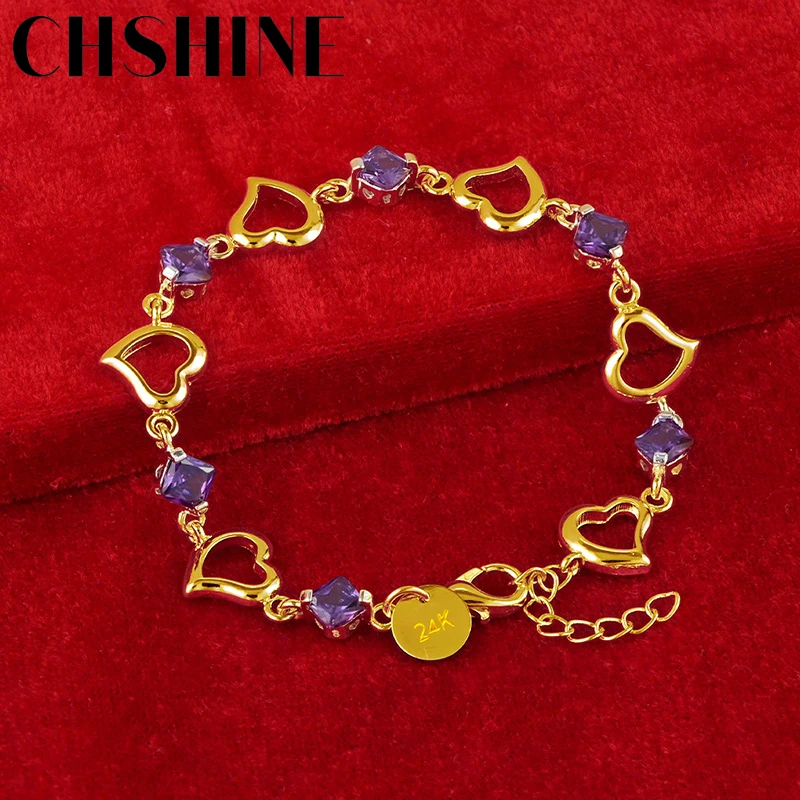 

CHSHINE 925 Sterling Silver Plated 18K Gold Purple Zircon Heart Bracelet For Women Wedding Party Fashion Charm Jewelry