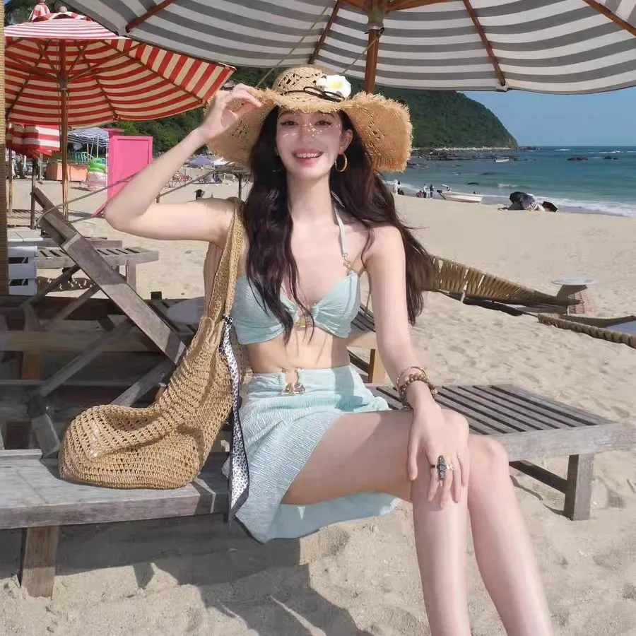 Confezione da 3 bikini sexy 2025 Costumi da bagno da donna Gonna a vita alta Costume da bagno Collegamento in metallo con gonna Halter Costumi da bagno Bikini Beachwear