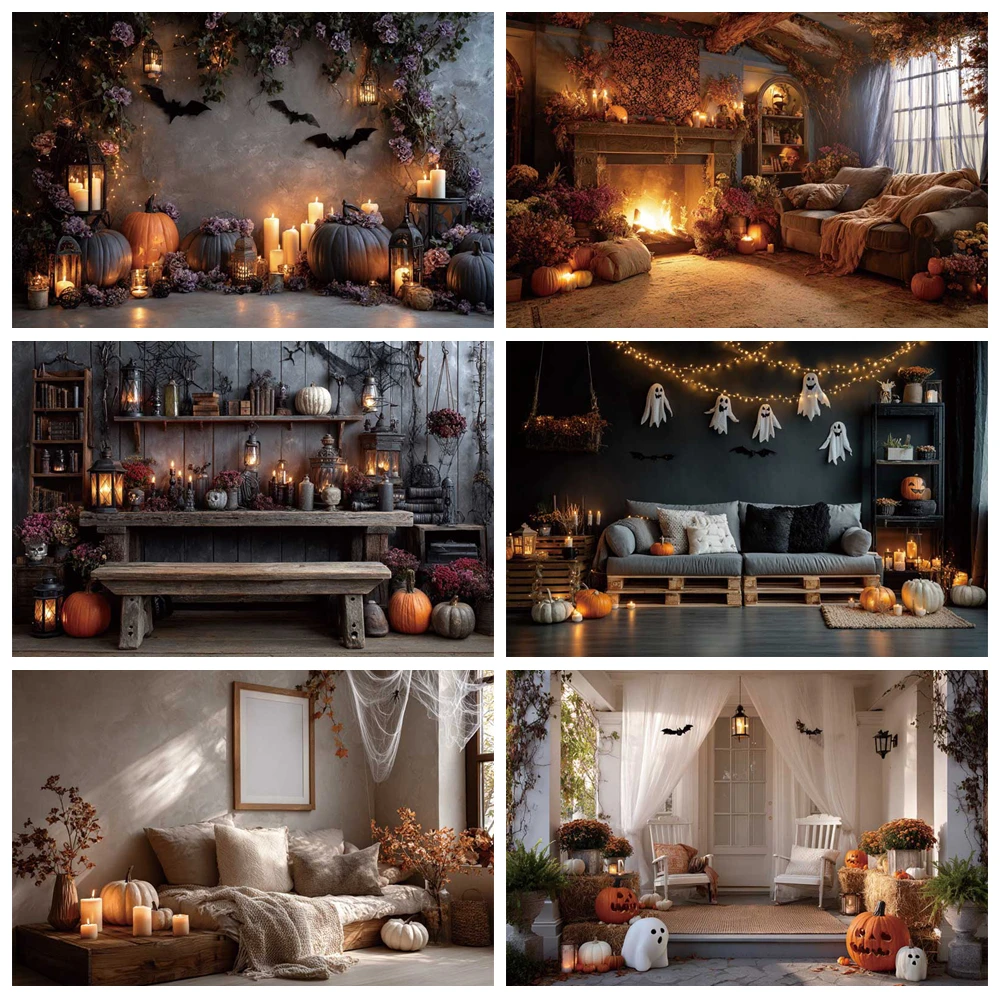 

MOON.QG Halloween Indoor Decorations Backdrops Candles Autumn Florals Pimpkin Lanterns Photo Background Party Decorations Banner