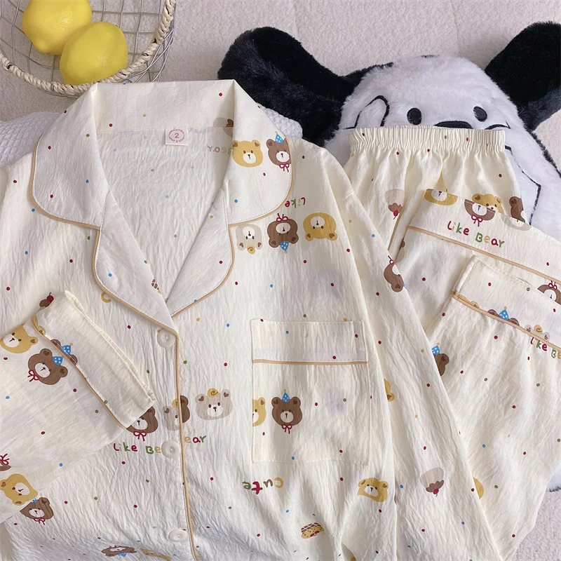 

Spring New Lapel Neck Design Pajamas Women's Kawaii Dot Bear Letter Print Pajamas Set Sweet Cute Girl Women's Sleep & Lounge