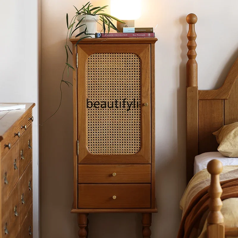 

Myanmar old teak solid wood side cabinet natural rattan door locker living room home retro vertical cabinet