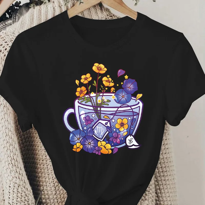 

Summer Women Tshirt Clothes New Flower Cup Lovely Female Tops Tee Tshirt Fashion Print Cartoon O-neck Graphic Ladies T-Shirt