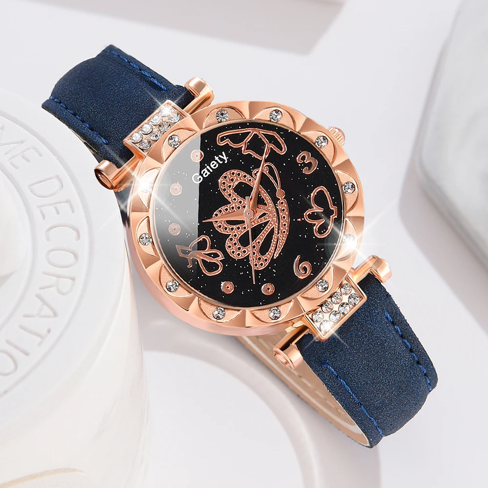 5PCS Blue Women Watch Fashion Light Luxury Butterfly Element Dial Quartz Wristwatch Leather Strap Watch Jewelry Set Gift For Her