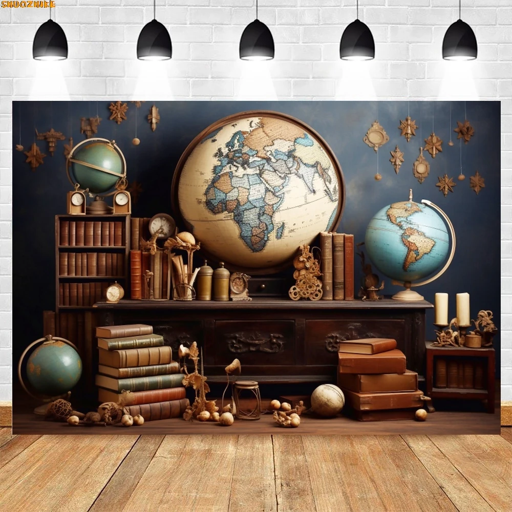 

Retro Room Bookshelf Backdrop Globe Vintage Wall Book Back to School Baby Kids Portrait Photography Background Decor Photostudio