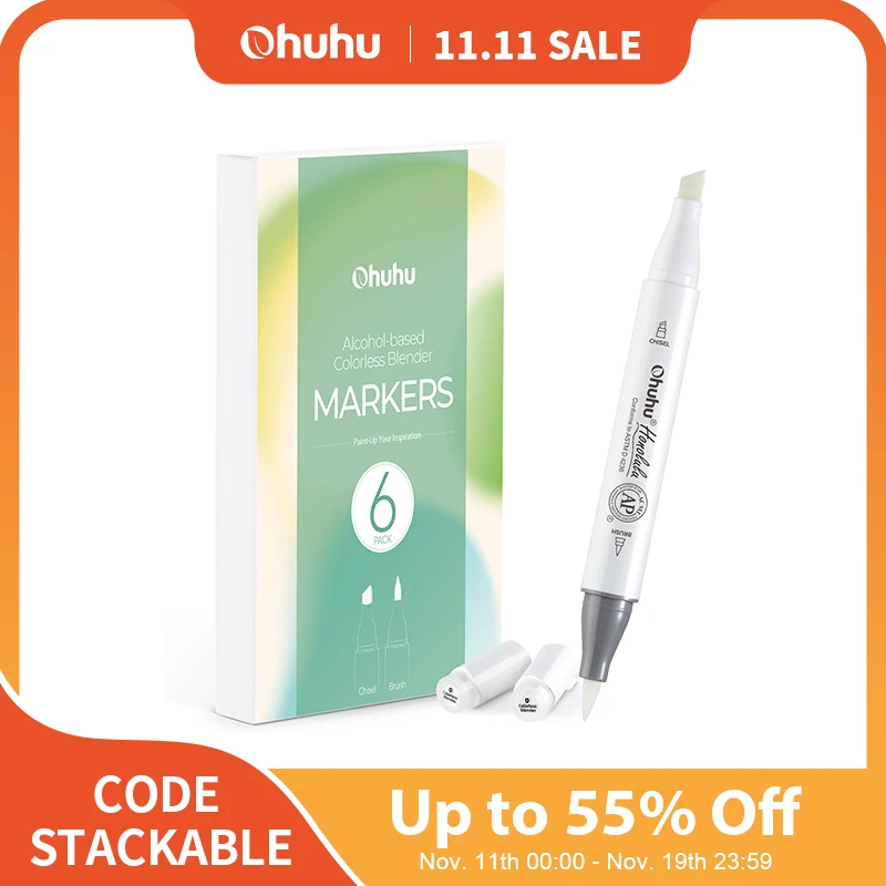 Ohuhu Honolulu Colorless Blender Marker Pack of 6 Alcohol Based Ink No.0 Clear Blender for Adding Highlights Textures Erasing