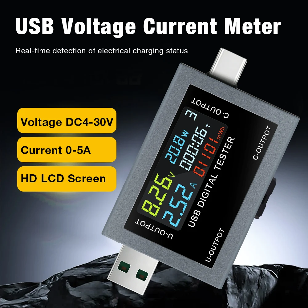 Voltímetro Digital DC4-30V USB Tipo-C, Testador de Tensão, Amperímetro, Medidor de Potência, Detector de Carga de Power Bank, Testador de Capacidade de Bateria