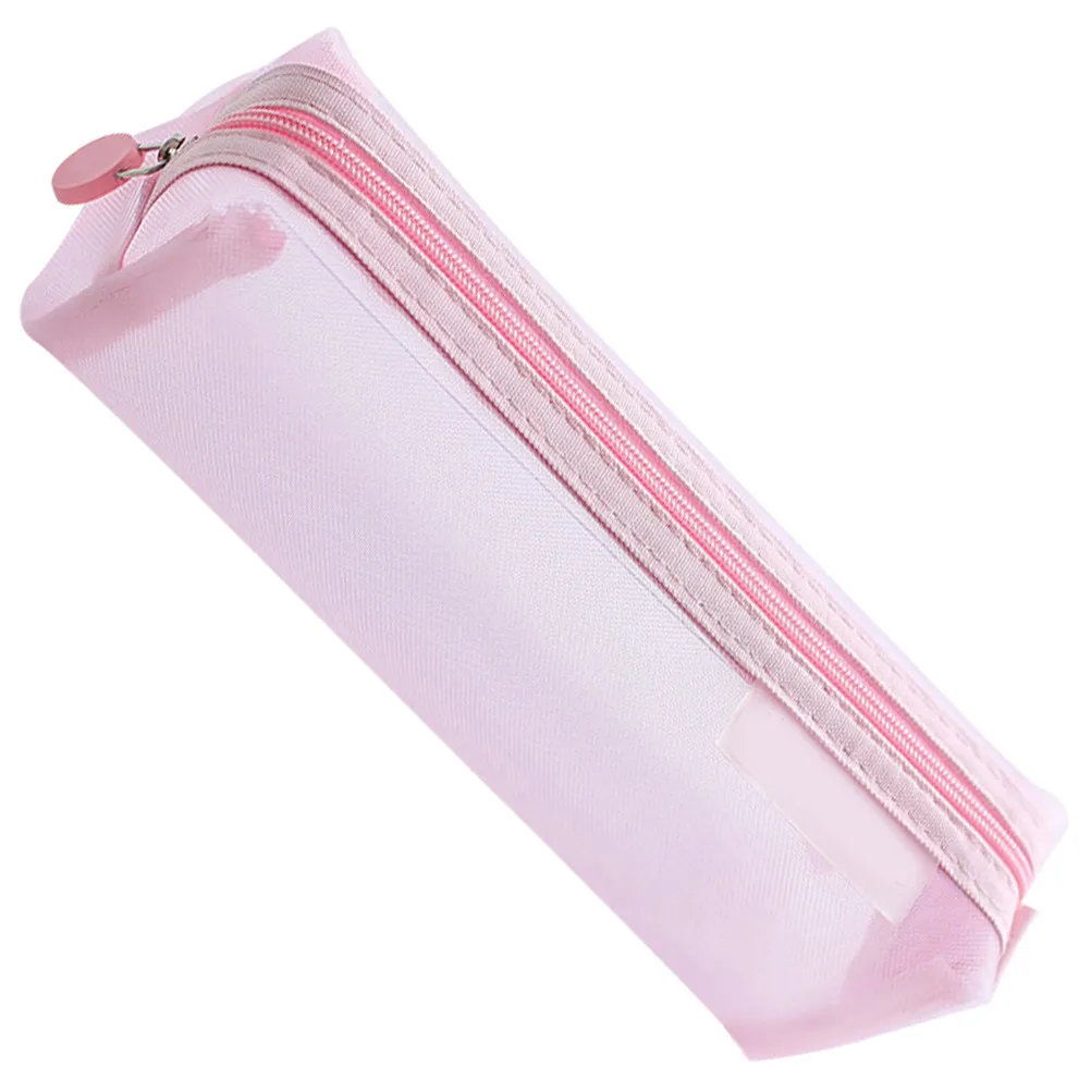 Pink Transparent Pencil Case Mesh Pen Holder Nylon Material Portable Lightweight for School Students Stationery Coins Cards Keys