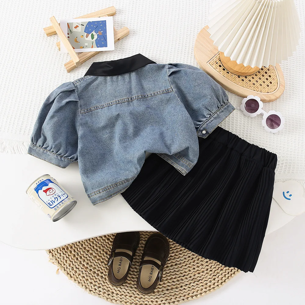 2024 Kids Girls  Fashion Summer Denim Lapel Short-sleeved Coat Shirt Tops + Pleated Skirt Cool 2pcs Clothing Sets