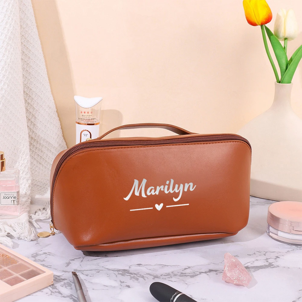 Trousse à cosmétiques en cuir PU personnalisée avec nom, sac à cosmétiques de voyage portable, trousse de maquillage personnalisée, grande capacité,
