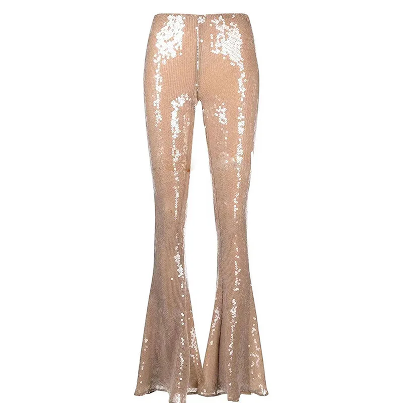 Plus Size Golden Flare Pant Women Slim Stretchy Sequined Perfrom Party Club Sexy Bodycon Sheath Pant