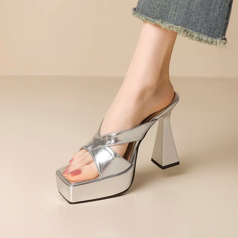 

Open Toe Metallic Silver Woman Summer Shoes Platform Thick High Heels Casual Sexy Ladies Slippers Outdoor Slides Sandals Mules