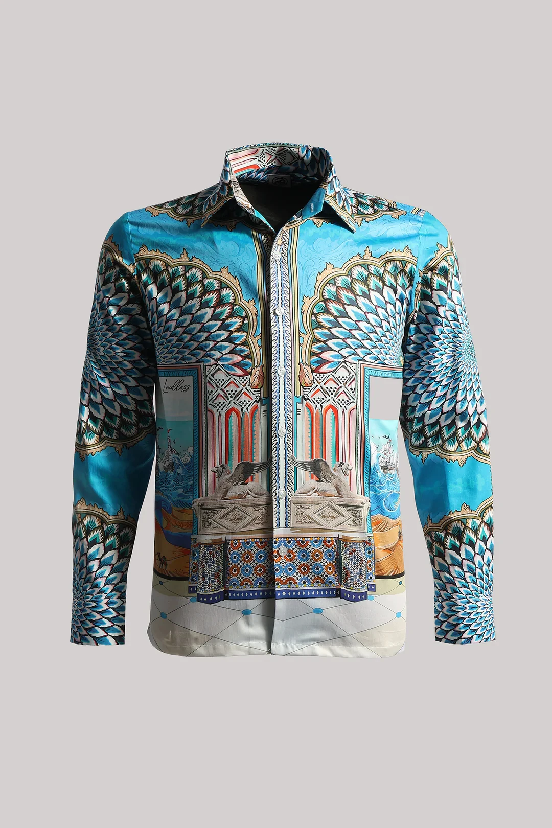 Men Retro Exotic Ethnic Print Long Sleeve Shirt Lapel Collar Button‑Up Polyester Vacation Party Blouse