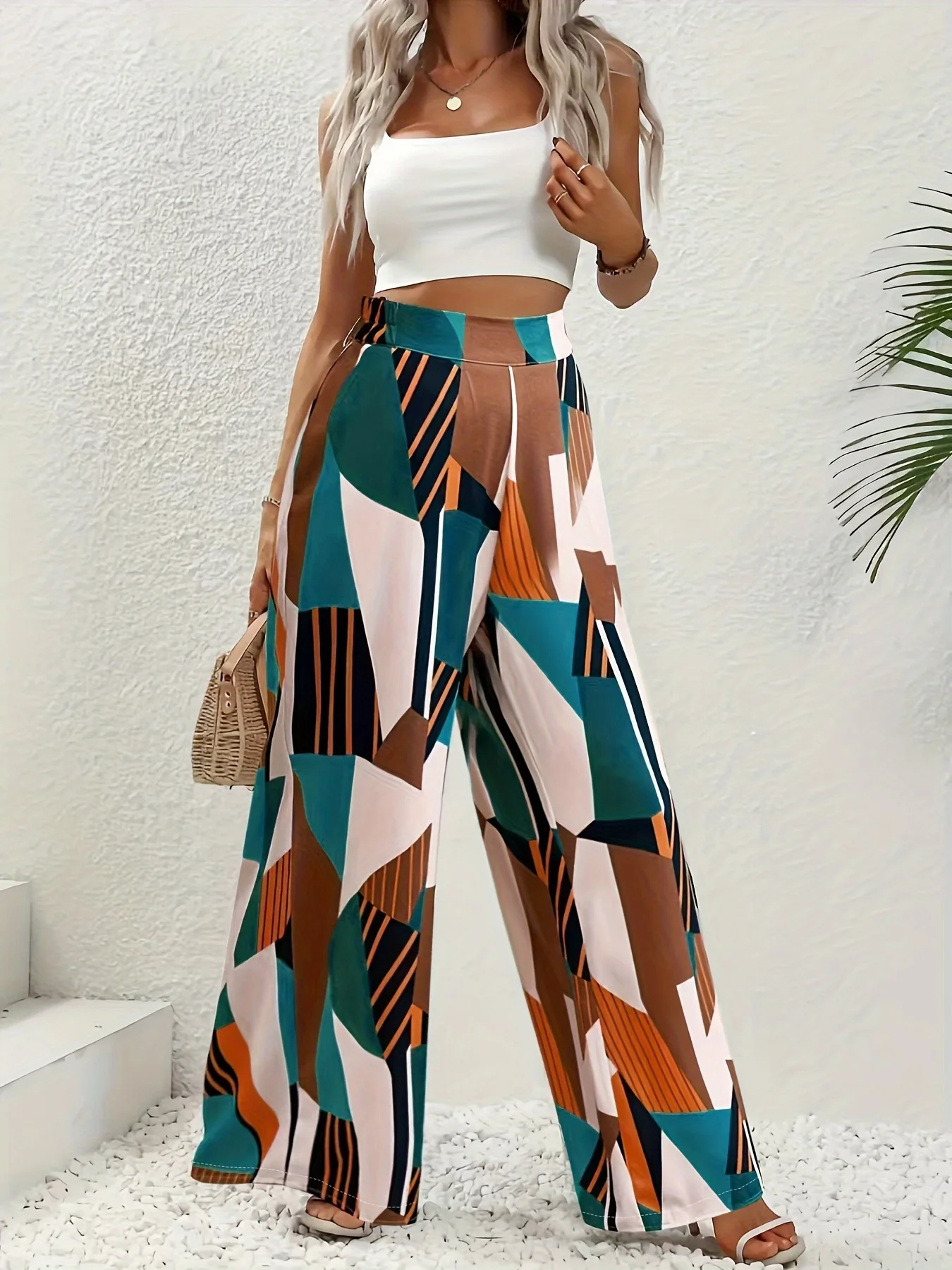 여성용 하이웨이스트 신축성 있는 허리밴드 기하학 무늬 와이드 팬츠, 캐주얼 스타일리시 바지