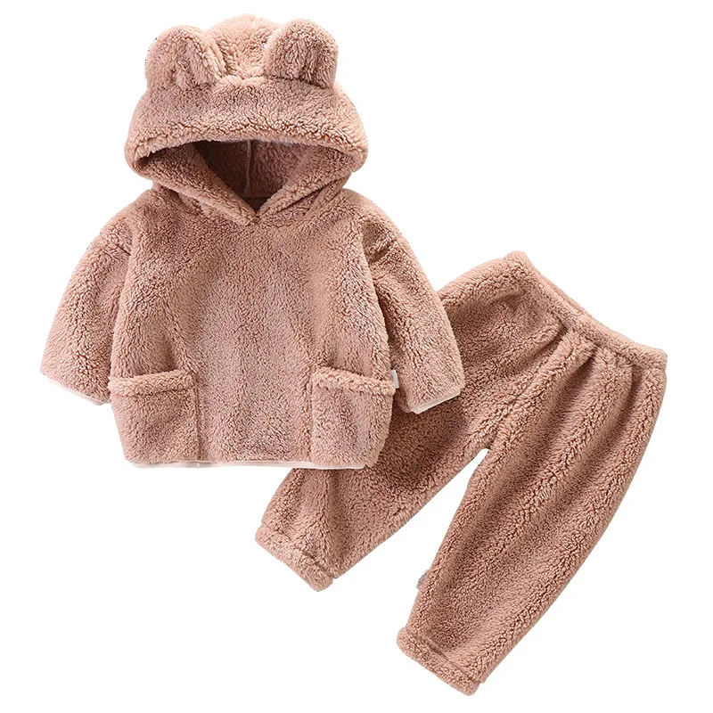 New Cute Baby Boys Girls Coral Velvet Warm Spring Autumn Winter Hoodied Clothes Sets Children Kids Thick Woolen Bear Hoody Suits