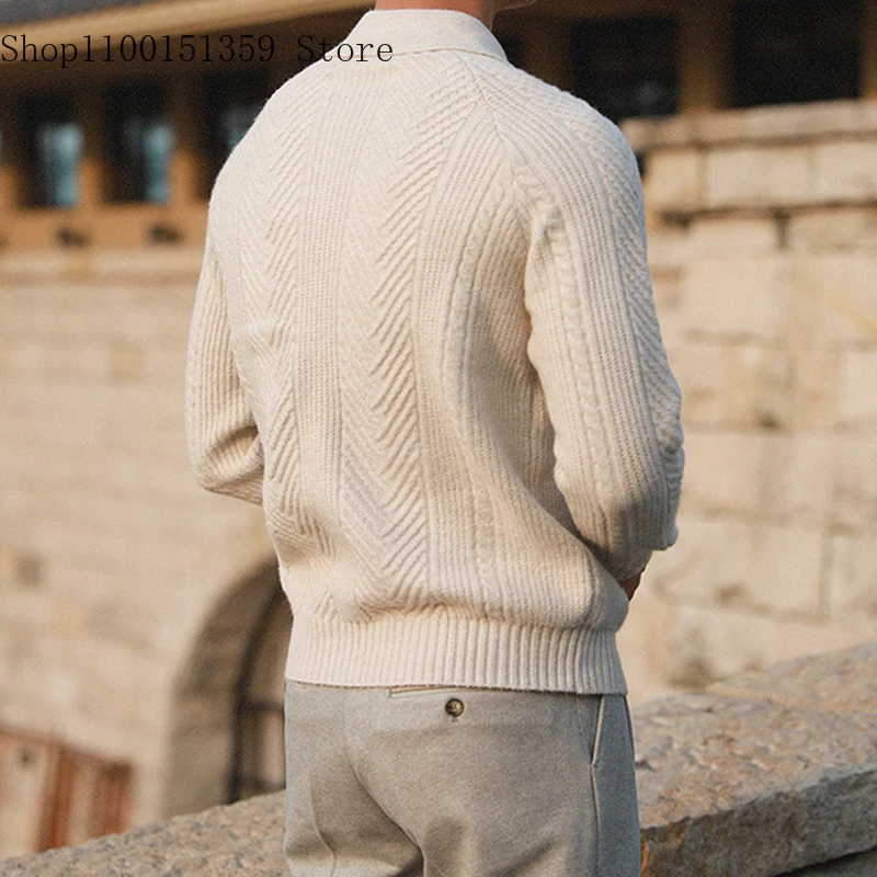 Fashionable Textured Knitted Sweater Mens Polo Shirts Long Sleeve Turn-down Collar Zipper Jumper Tops Autumn Men Knit Clothing