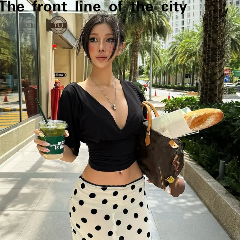 

Кружевная облегающая сексуальная футболка с глубоким v-образным вырезом и низкой грудью, однотонная футболка Bell Sve для женщин, повседневная одежда в европейском стиле