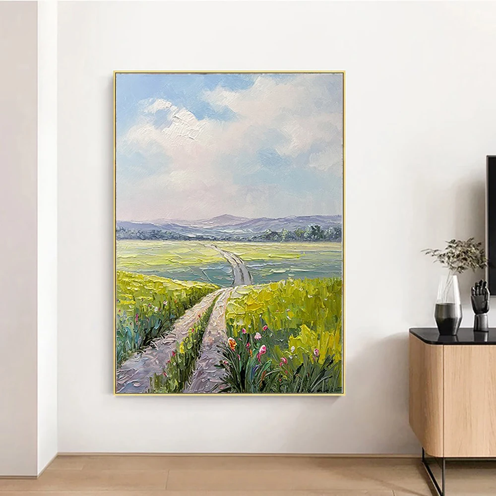 

Hand Painted Field Oil Painting On Canvas Thick Texture Abstract Landscape Oil Painting Wall Art for Living Room Wall Decor