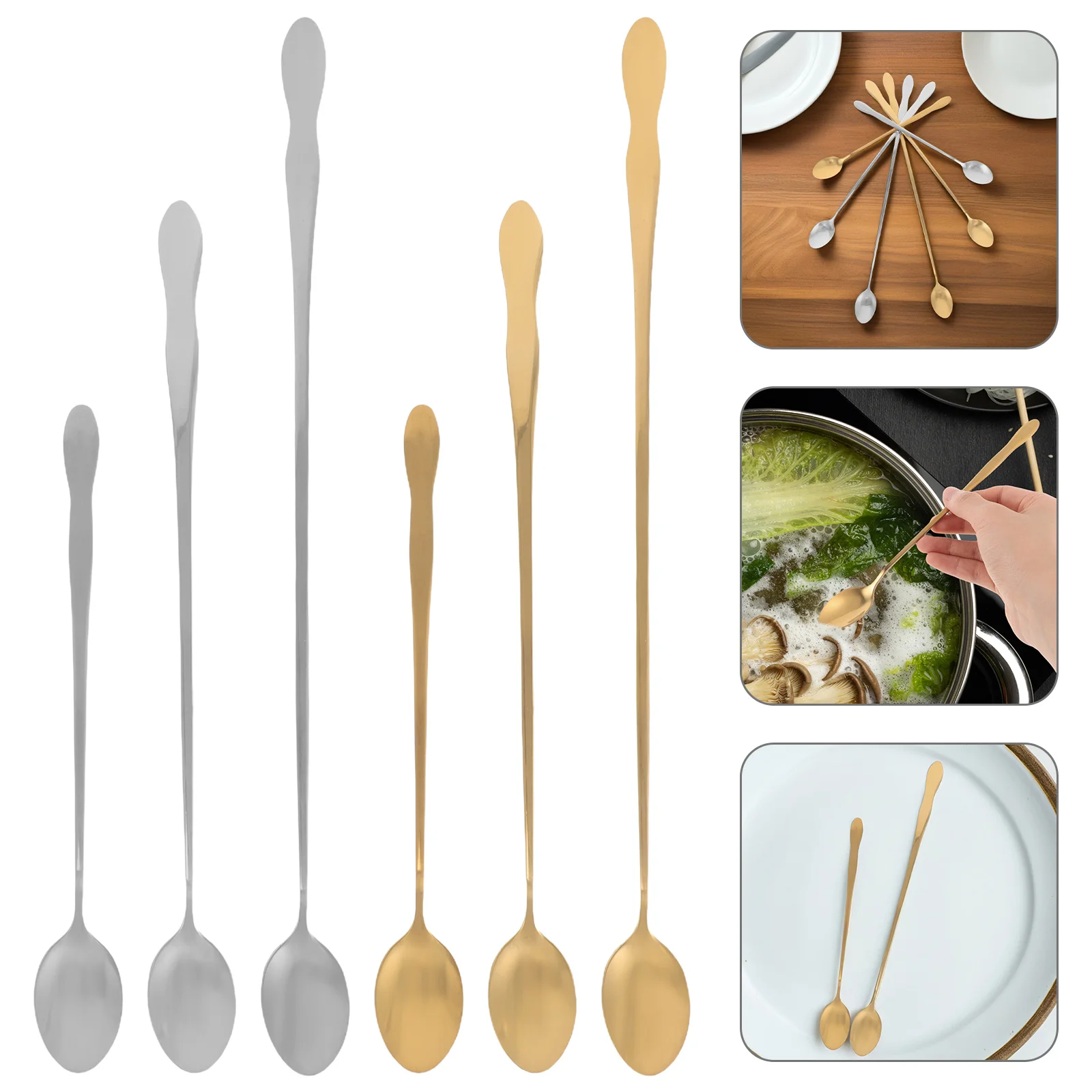 

6pcs Long Handle Stainless Steel Spoons Coffee Stirring Teaspoons Kitchen Utensils Serving Condiment Sauce Hot Pot Dining