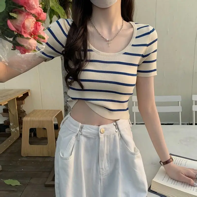 

Slim Fit ort Sve Трикотажная футболка женская модная летняя новинка Sle Base irt Briti Commute Sle Stripe Pattern