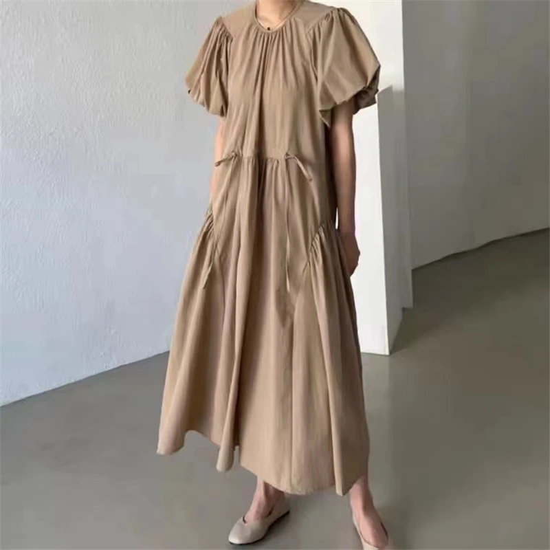 REALEFT Summer Vintage Puff Sleeve Women\'s Long Dresses 2024 New O-Neck Korean Straight Casual Loose Dresses Female