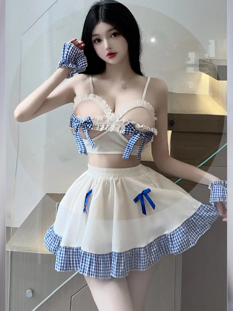 일본 애니메이션 메이드 코스프레 코스튬 여성 섹시 란제리, 할로우 가슴 유니폼, 롤플레잉 스위트 여고생 의상, 나이트 클럽웨어