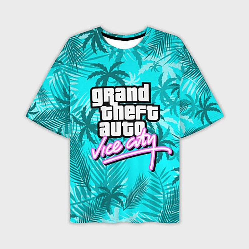 Grand Theft Auto VI masculino impresso em 3D camiseta de manga curta, moda de rua casual, camiseta de praia Harajuku extragrande, cidade do pecado