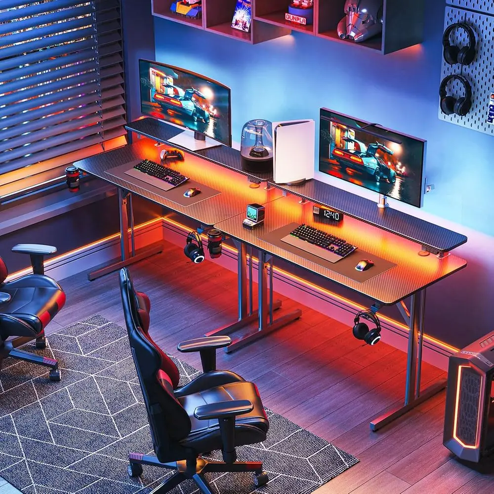 مكتب ألعاب مدمج 32 مضاء بإضاءة LED مع حامل شاشة، تصميم من ألياف الكربون، مثالي لهدايا الألعاب للأطفال والرجال #5