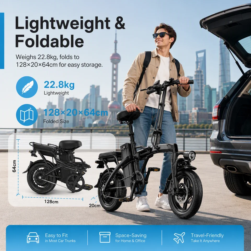 500W Motor 14" Folding Electric Scooter Bike, 3 Speed Modes, 22.8kg Lightweight Foldable E-Bicycle, 20MPH Commuting Ebike for Adults with Disc Brakes image 4