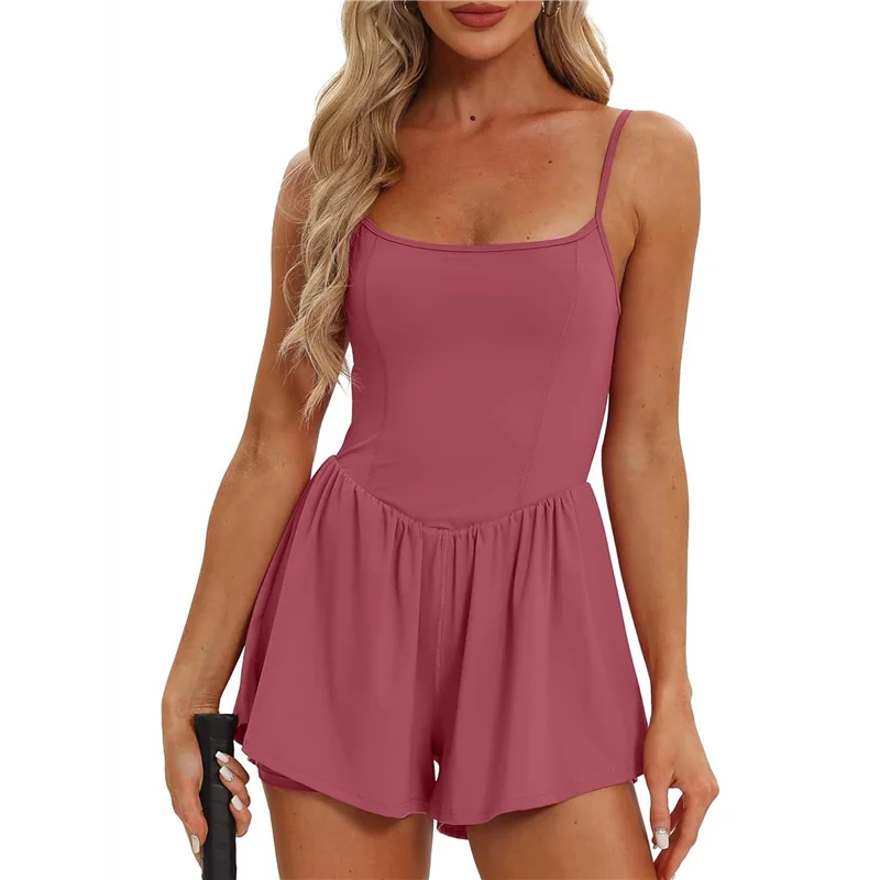 Pagliaccetti estivi senza maniche da donna con cinturino per spaghetti, pantaloncini a doppia fodera, tuta Outfits-A55G