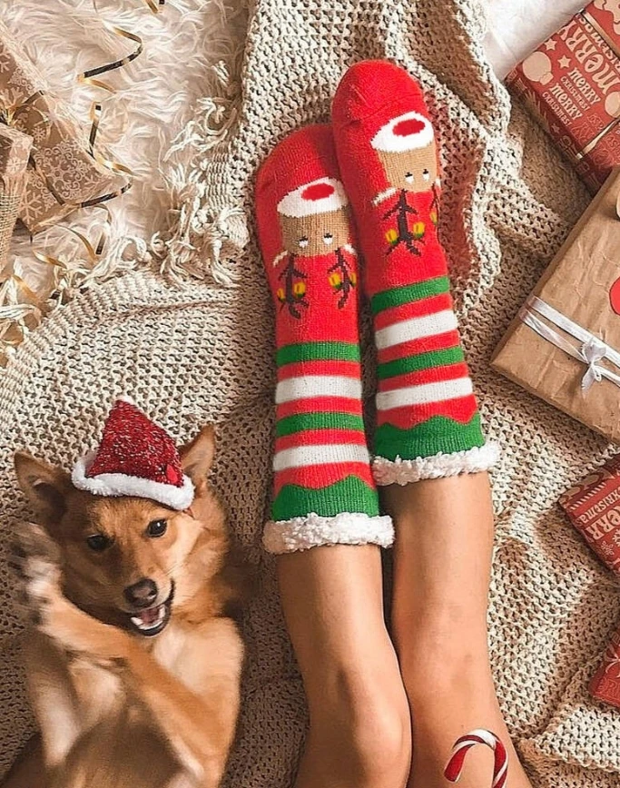 Christmas Women's Fashion Elk Print Striped Fluffy Socks