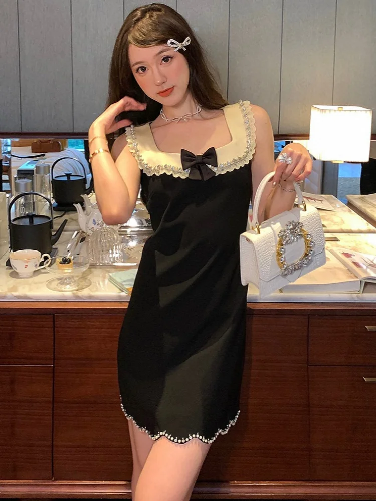 

High End 2025 New Summer Square Collar Sleeveless Lace Black Dress Women's Handmade Luxury Rhinestone Pearl Runway Dresses
