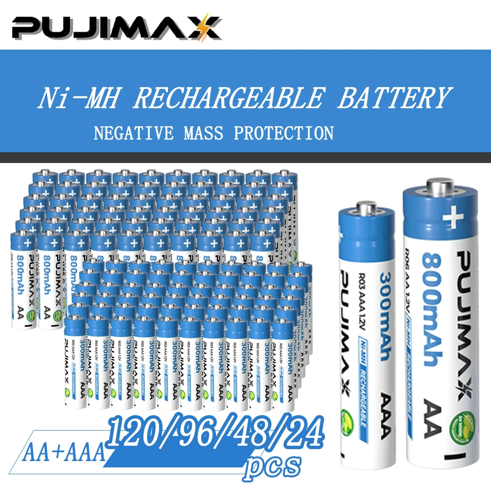 PUJIMAX 120/96/72/24pcs Nickel-Metal-Hydride Batteries, 1.2V AA type 800mAh + AAA type 300mAh rechargeable batteries. The rechargeable cycle count can reach up to 1200 times. A 1.2V dedicated battery charger is required for charging.