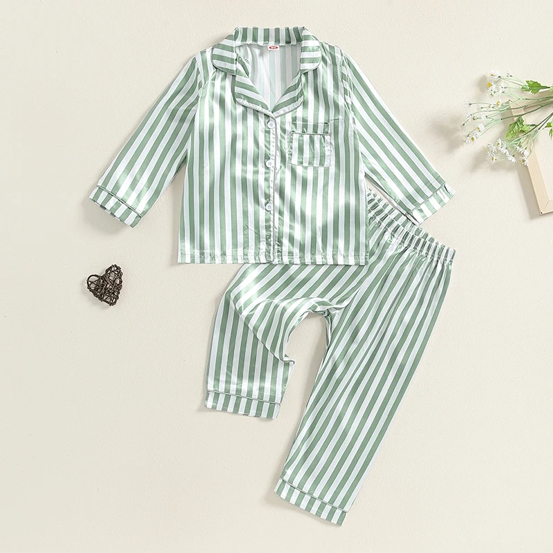 Kid Girls Boys Fall Pajamas Set Stripe Print Long Sleeve Shirts Tops Long Pants Satin 2 Pieces Lounge Suit Sleepwear