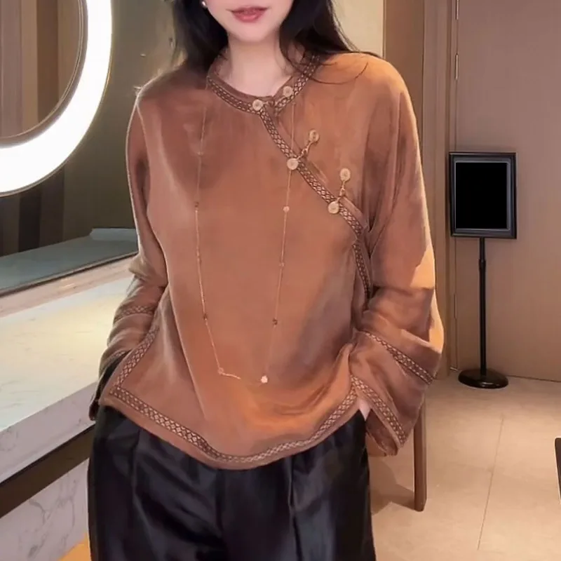 

New Chinese Style Elegant Tops for Women 2025 Autumn New Fashion Retro Oblique Placket Buttoned Tops