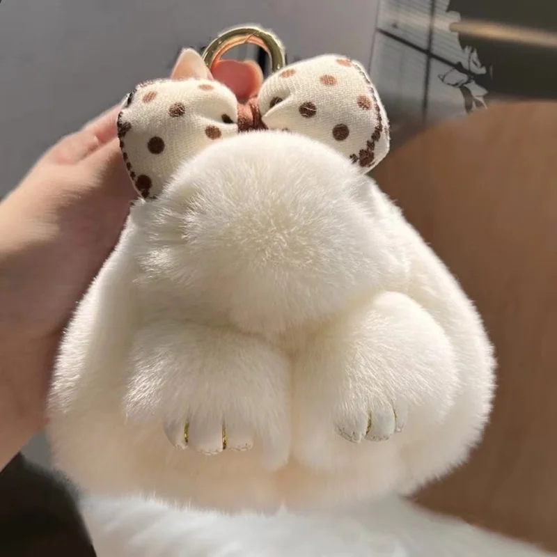 Bonito real lontra coelho com bowknot pequeno coelho carro chaveiro pingente brinquedo de pelúcia mochila decoração