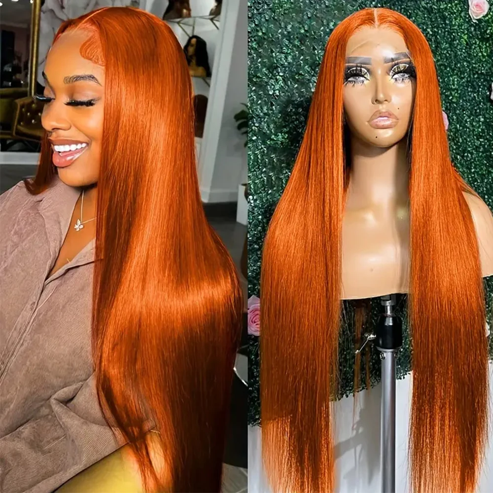 

350# Ginger Orange Colored 13x4 Transparent Lace Frontal Wigs Pre Plucked Brazilian Straight Human Hair Wigs 180% Straight Wigs