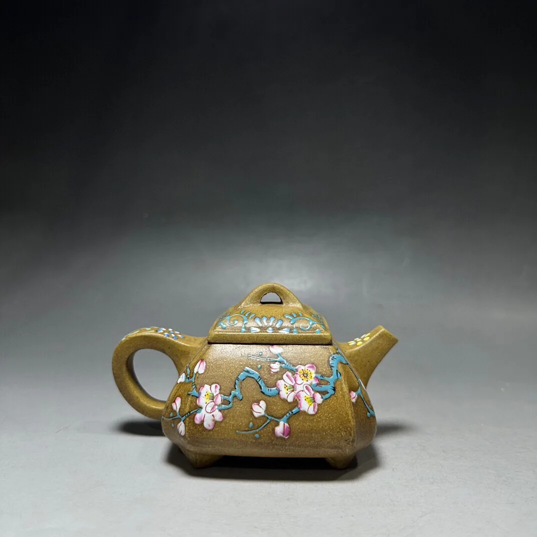 Old Chinese Handicraft Enameled YiXing Zisha (red stoneware) Teapot,flower&bird, with mark, Free shipping