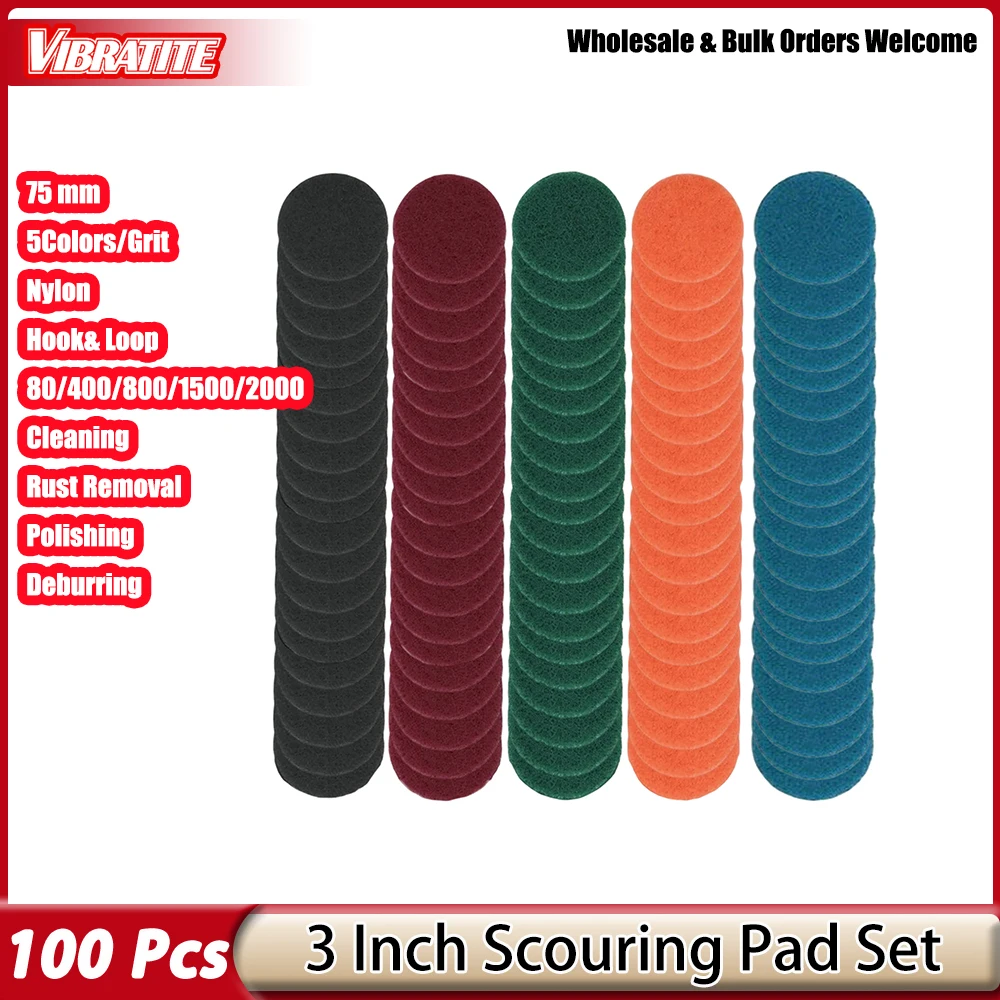100Pcs 3 Inch  75mm 5 Grit Hook & Loop Scouring Pad Nylon Abrasive Buffing Disc P240-P2000  for Metal Rust Removal Polishing