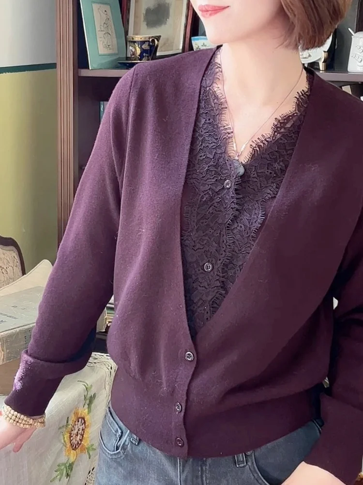 

Women's Woolen Knitted Lace Top Fake Two-Piece Set V-Ne Long Sve Soft Medium Thin Autumn Winter New Sle Y9274