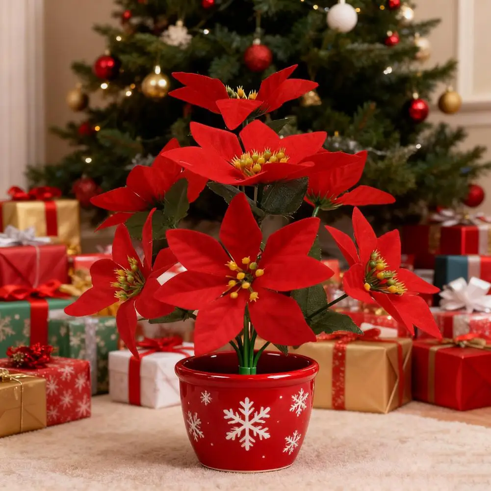 Uv-resistant Artificial Plant Realistic Holiday Flower Decoration Artificial Christmas Poinsettia Bouquet with 7 for Outdoor
