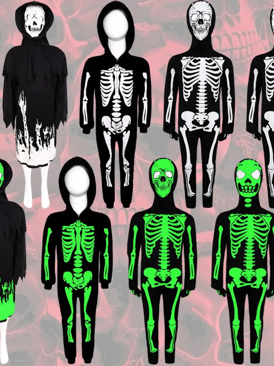 

Хэллоуин светящийся в к комбинезон со скелетом флуоресцентный скелет облегающий черный халат Бог смерти костюм для выступлений женская мода