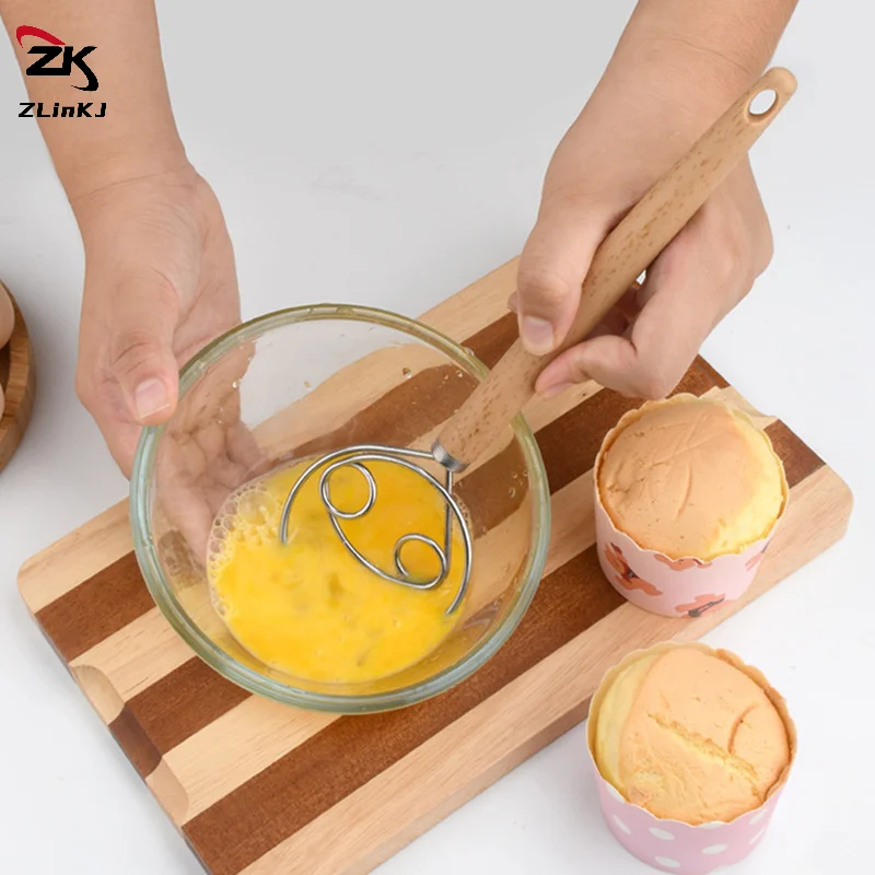 

1pcs Hand Blender DIY Danish Bread Stainless Steel Bakeware Dough Whisk Egg Beater Mixer Tool Wood Handle