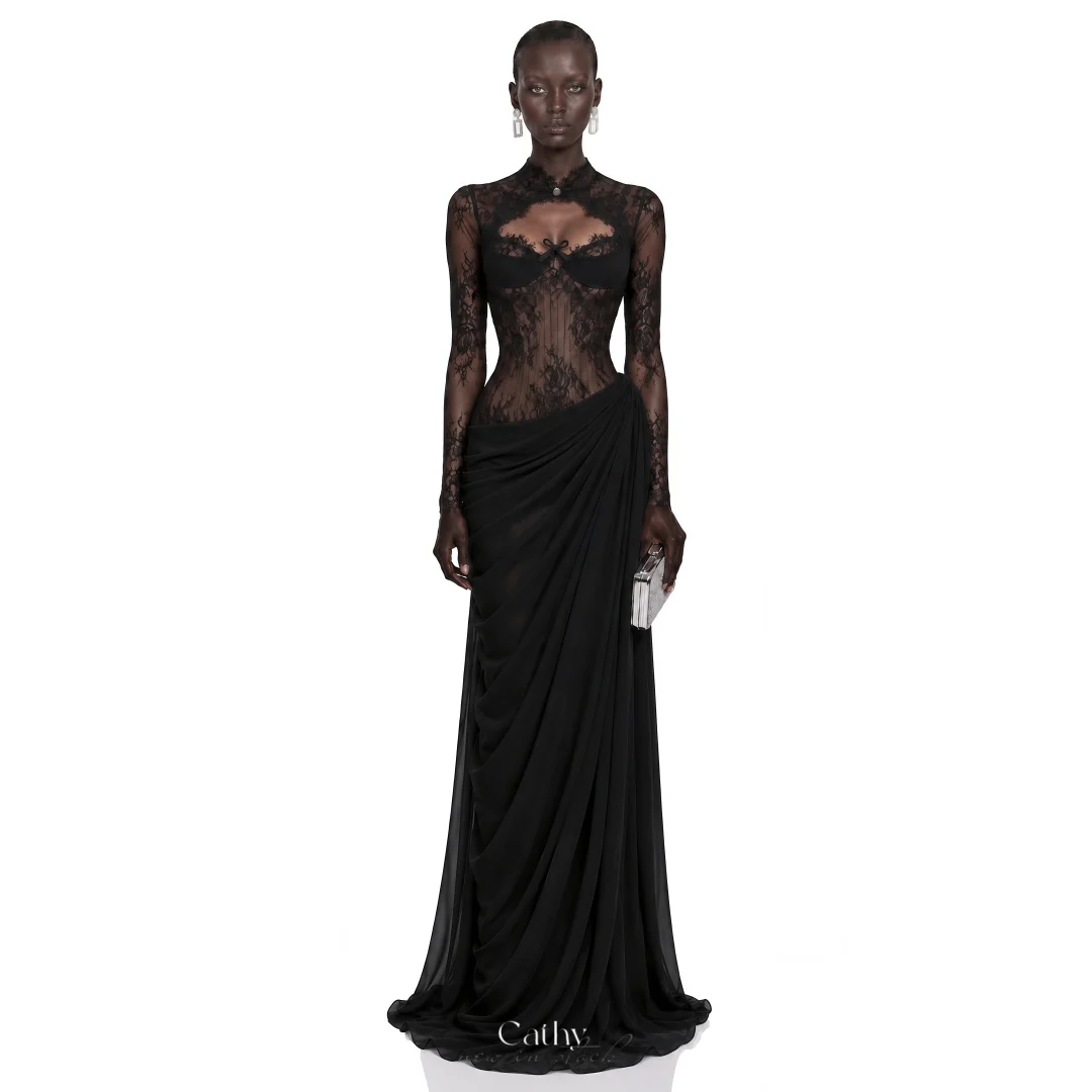 Vestido de Noche Cathy Personalizado Negro con Pliegues Drapeados, Malla Ilusoria, Vestidos de Noche con Encaje Bordado, Vestidos de Noche Sexys 2026