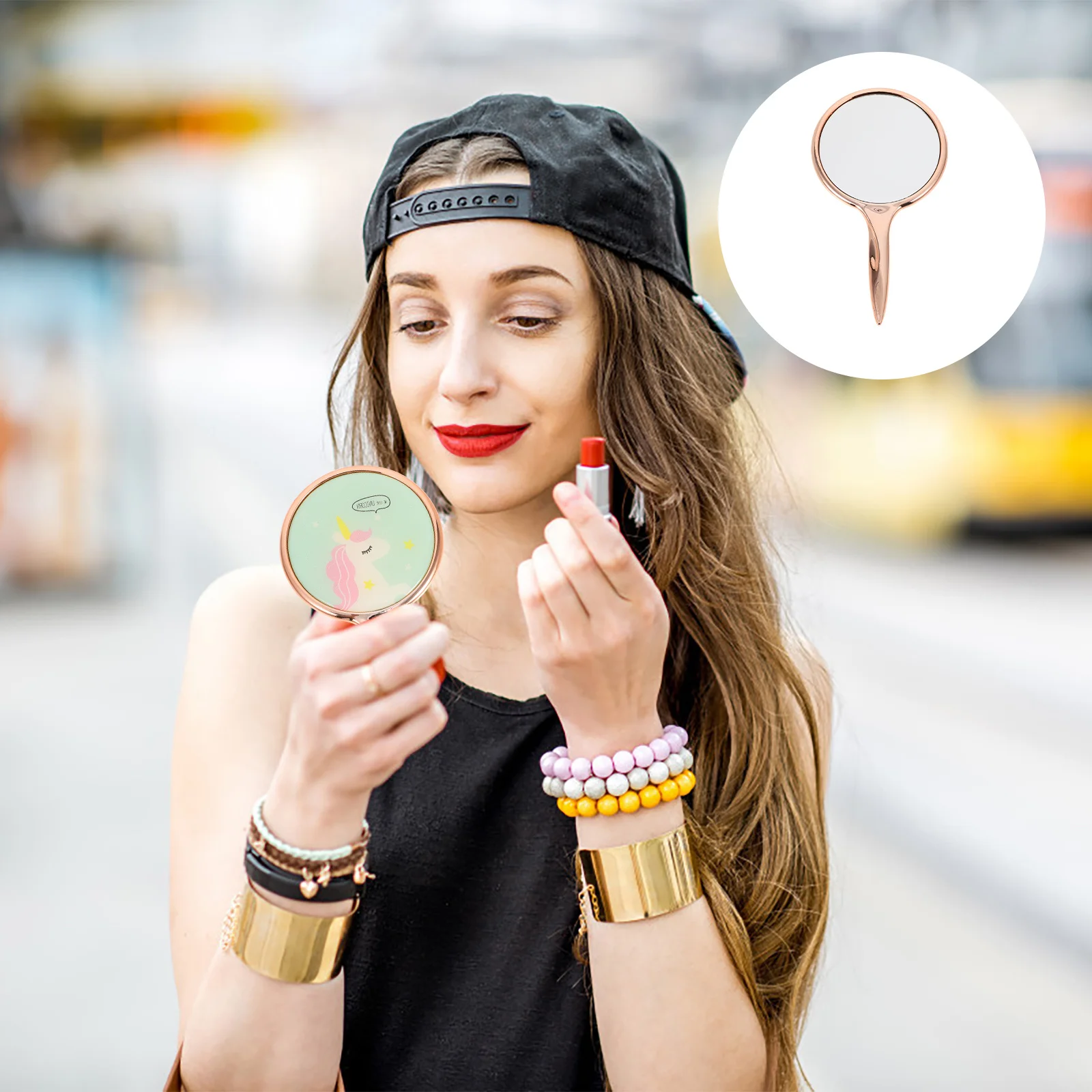 Specchio per trucco ergonomico portatile Dimensioni perfette per borsa Specchio portatile per donne Viaggi Uso quotidiano Accessori per il trucco