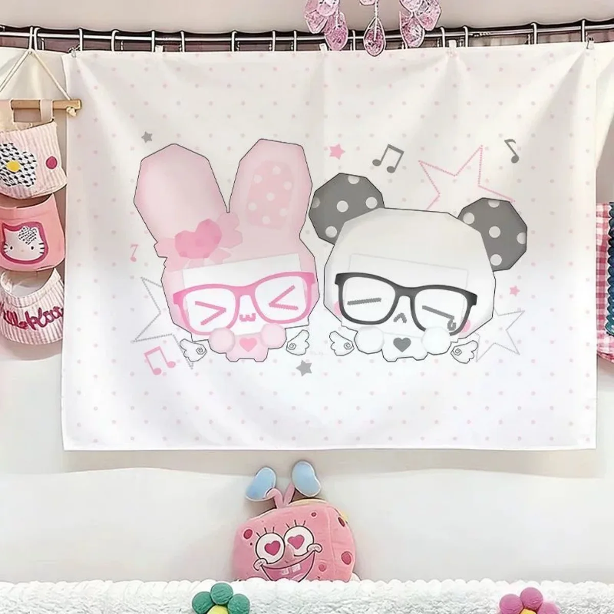 Kawaii Bunny Panda Tapestry, Pink Polka Dot Cartoon Wall Hanging, Cute Aesthetic Background Cloth for Bedroom Dorm