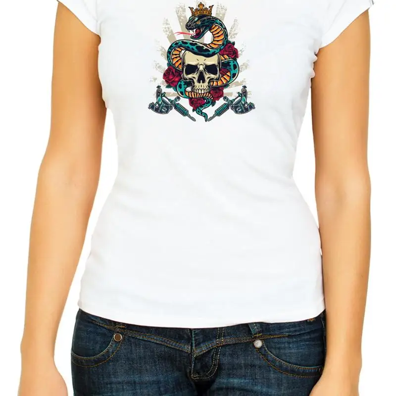 Crâne serpent Art tatouage Style 3 4 femme t-shirt D338