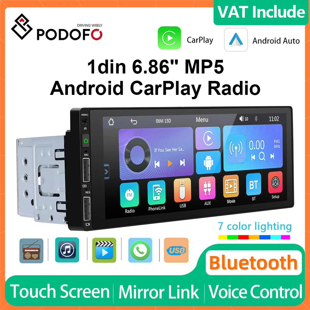 Podofo 1din Wireless CarPlay Android Auto MP5 6.86” Universal Car Radio Multimedia Video Player Stereo Touch Screen Head Unit BT