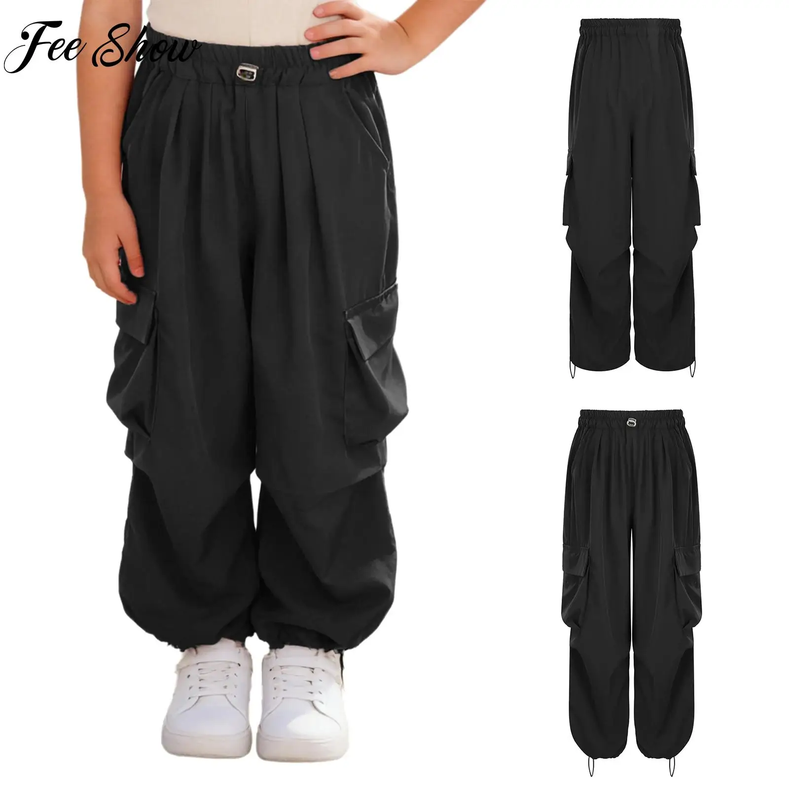 

Children Drawstring Cargo Pants Girls Soft Stretchy Sports Trousers with Multiple Pockets for Hip Hop Jazz Dance Skateboarding